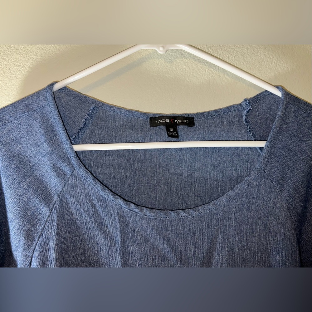 Moa Moa Woman's Blue Crinkle Top w/ Romantic Slit Ruffle Sleeves Blouse! - Picture 2 of 12